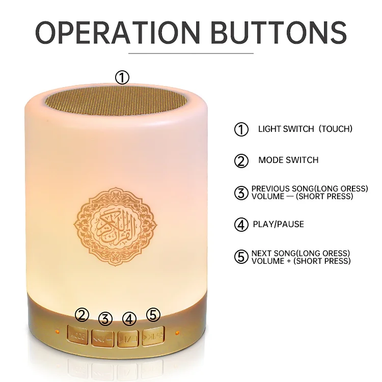 Eqauntu SQ112 smart holy digital al quran player gift blue tooth touch lamp quran 14 reader Azan clock quran lamp