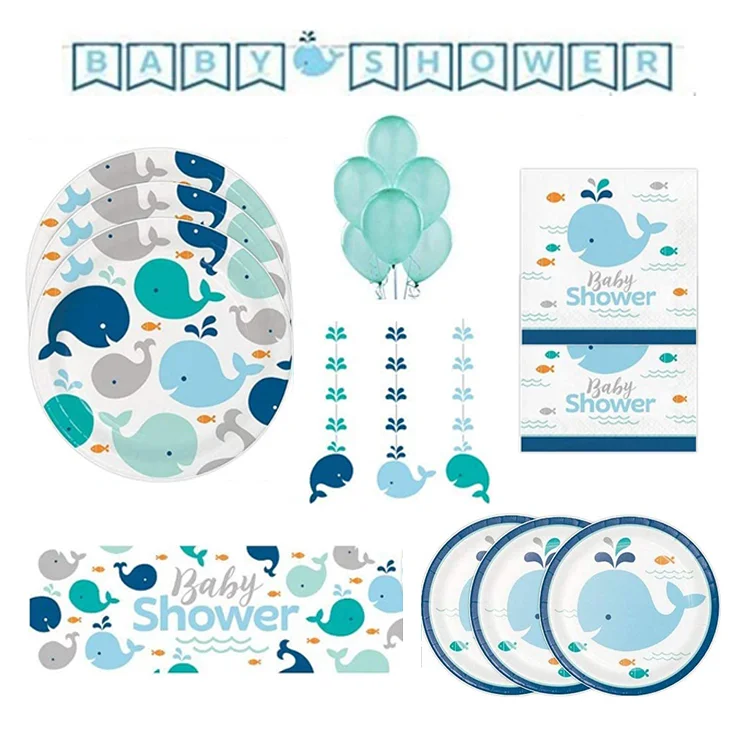 Palmy Blue Whale Theme Birthday Party Tableware set  Baby Shower Birthday Decorations Supplies Kit paper plate