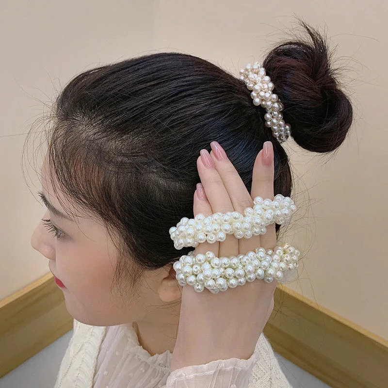 Candy Color Handmade Crochet Full Crystal Pearls Elastic Hair Bands Elegant Ponytail Hair Ties For Women