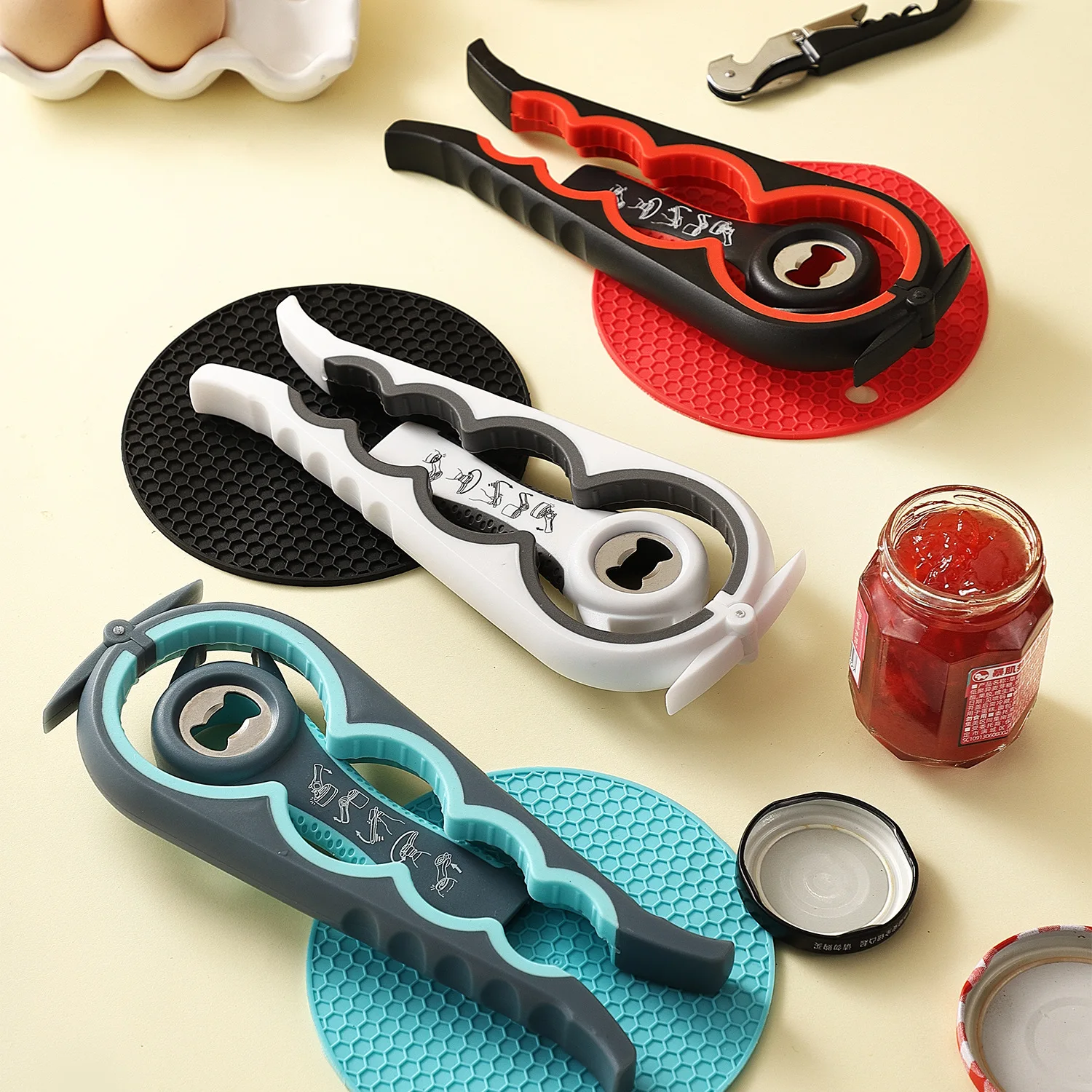 New Design Colorful Nonslip Handles 5 in 1 Multi Function Jar Opener Can Opener Bottle Opener Kit for Weak Hands
