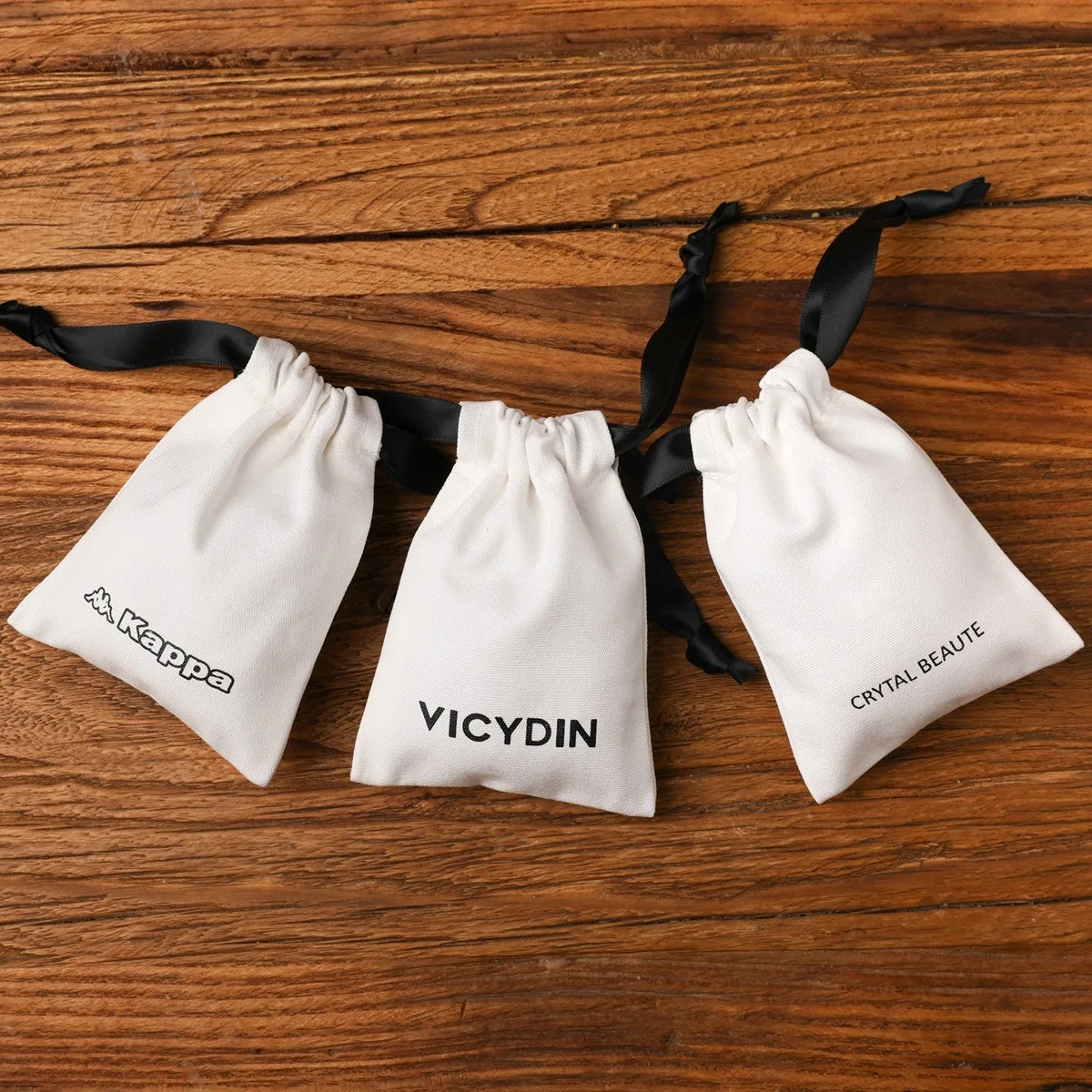 Personalized black canvas cotton packaging drawstring bag double grosgrain satin ribbon jewelry natural pouch