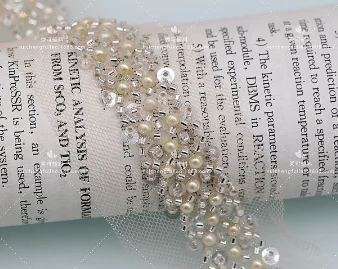 Width 5 cm Handmade Shiny pearls lace ribbon flower beads Sequins tulle mesh lace trim for dress curtain Collar