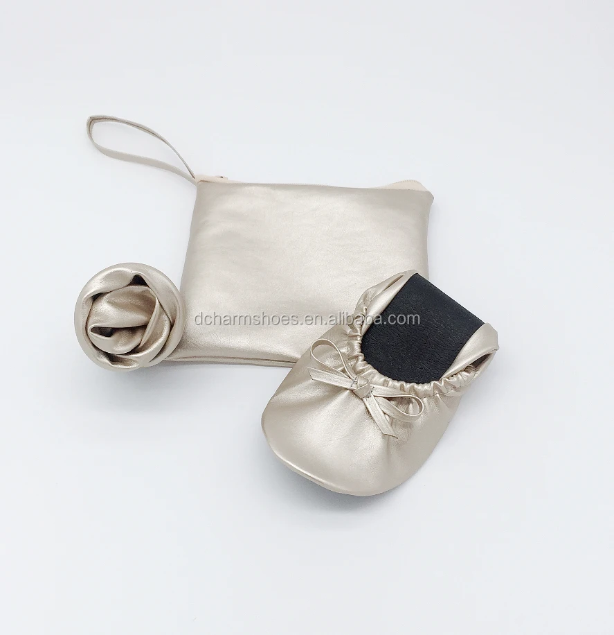 OEM Wholesale lady roll up ballet flats golden foldable ballerina flats for wedding gift