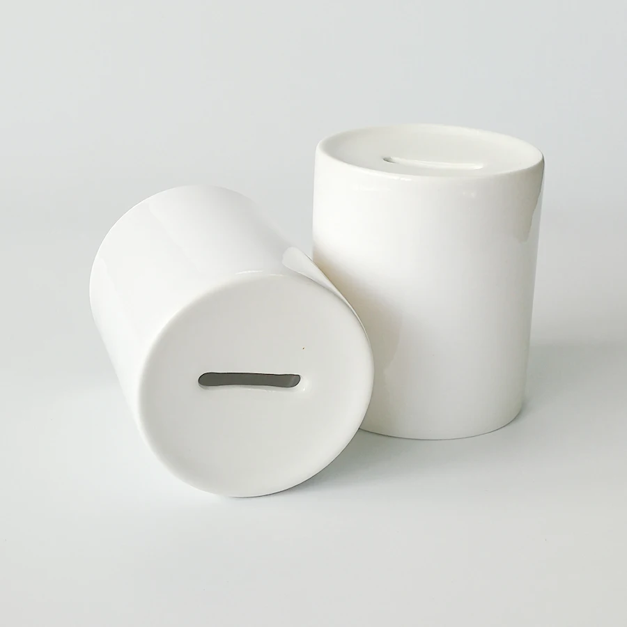 Topjlh Sublimation Blank White Ceramic Cans Shape Money Saver Piggy Bank White Ceramic Coin Bank 11oz