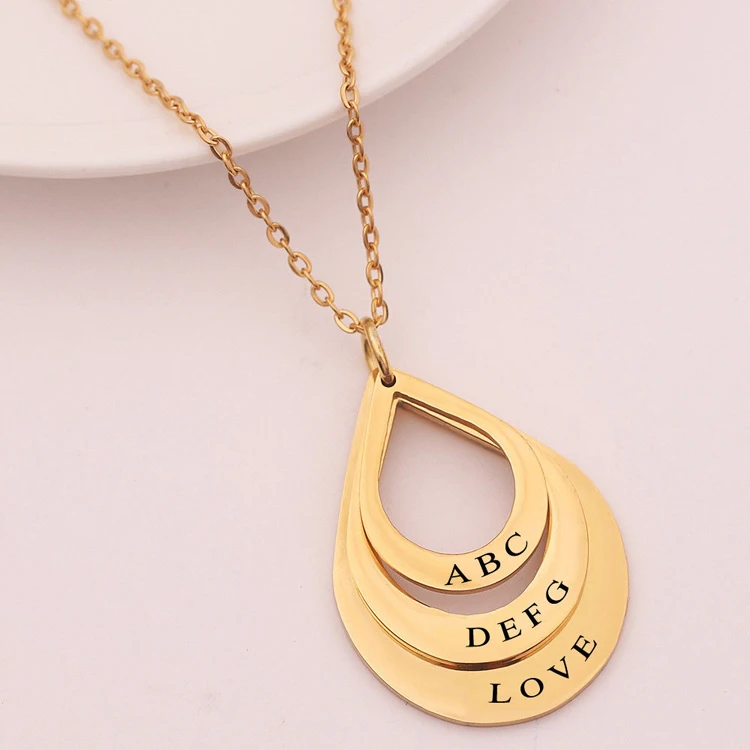 wholesale personalized custom engraved name pattern three water drop pendant necklace