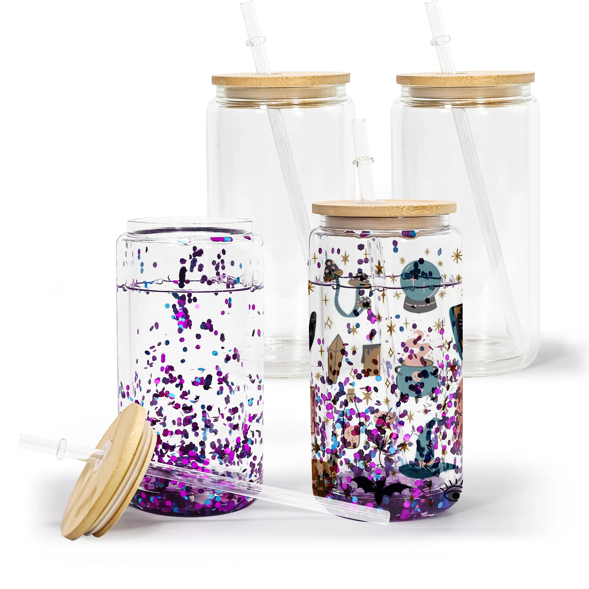 Factory 12oz 16oz 20oz Pre Drilled Double Wall Clear Snow Globe Cup Tumbler Can Glass Sublimation Glass Mugs with Bamboo Lids