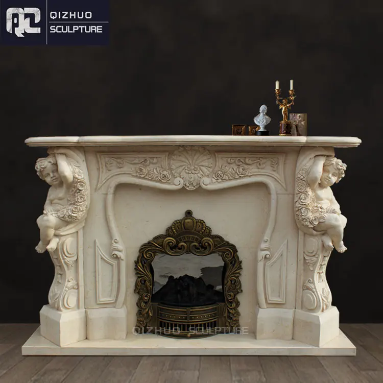 Antique Egypt Cream Yellow Angel Carved Cherub Marble Fireplace Mantel