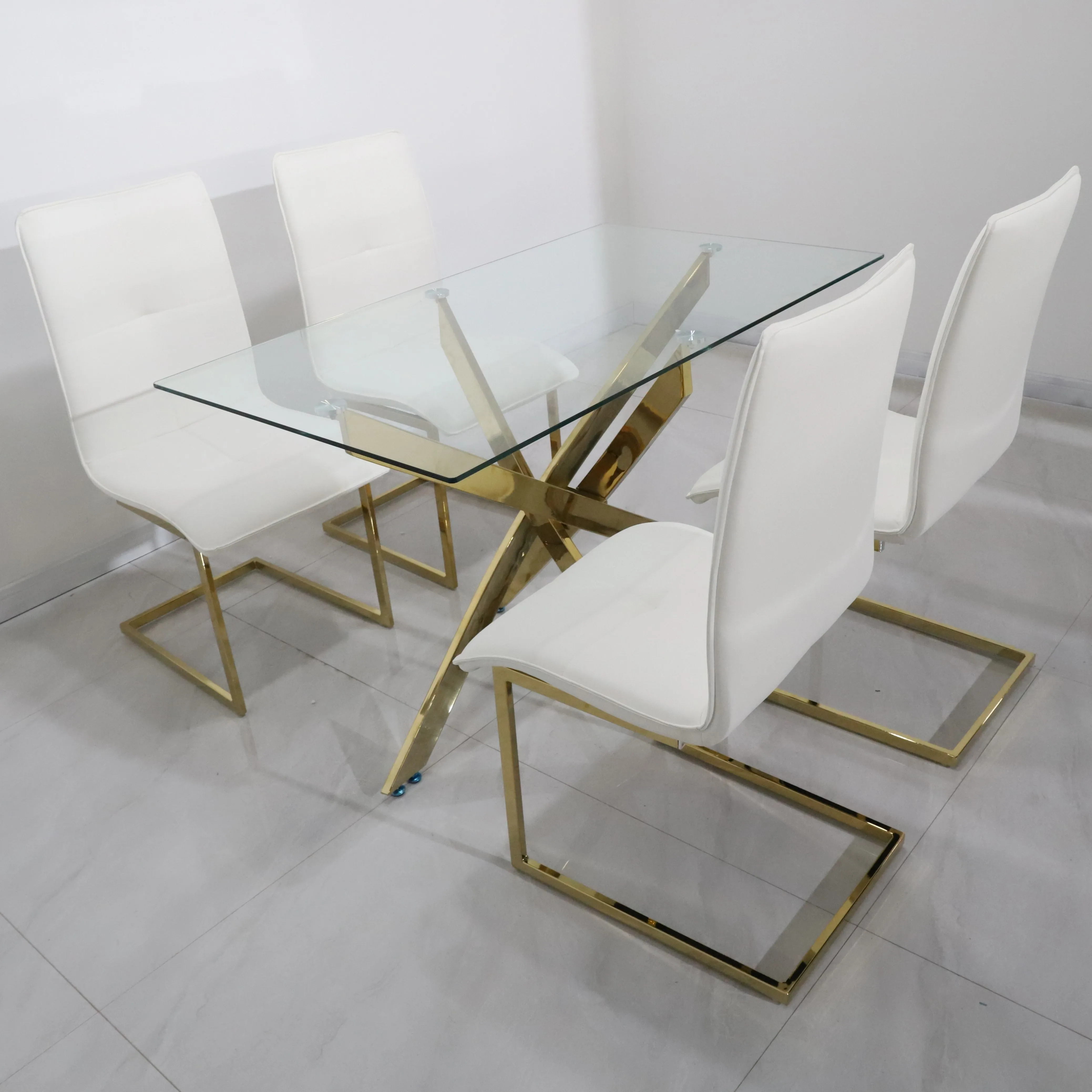 Cheap Price Restaurant Home Rectangular Long glass Dining Table With Chrome Legs