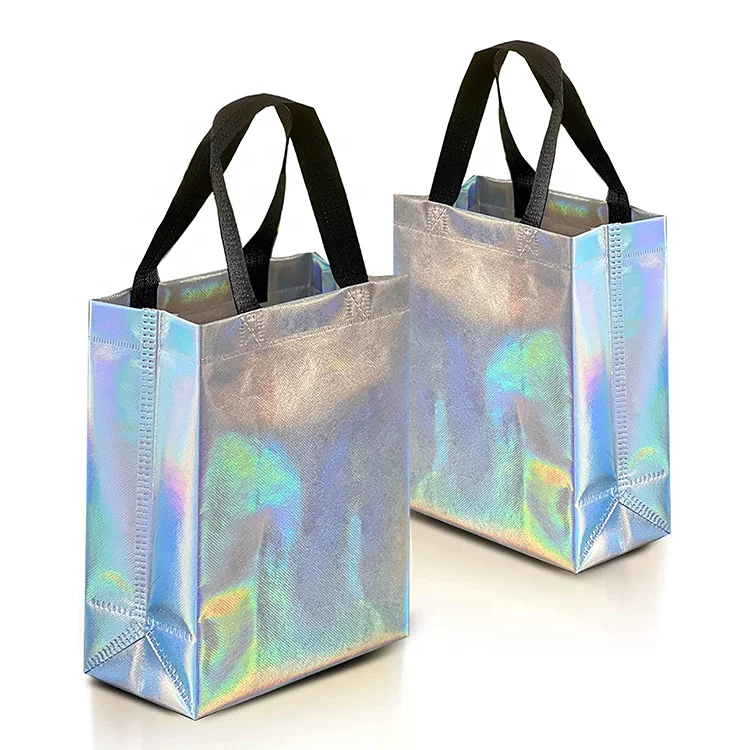 Custom Print Reusable Fashion  Holographic Metallic Shiny Laminated  Non Woven Shopping Bag With Logo