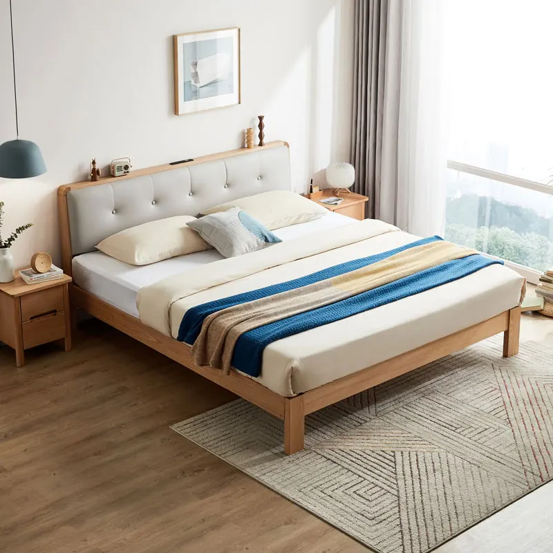 Linsy Modern Luxury Bedroom Furniture Bed Brown Solid Rubber Wood King Queen Size Double Led Light Bed Frame Hi2A