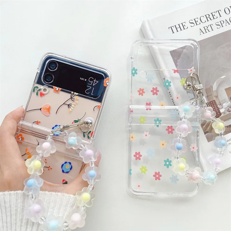 Love Flower  for Samsung Galaxy ZFlip3/4 Folding Screen Phone Case Transparent Creative P C Hard Case Chain