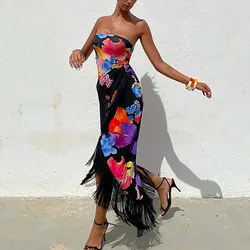 2023 Summer Hot Sale Sexy Party Tassel Dress Off Shoulder Floral Print Bodycon Fringed Slit Wrap Dress Fashion Beach Maxi Dress