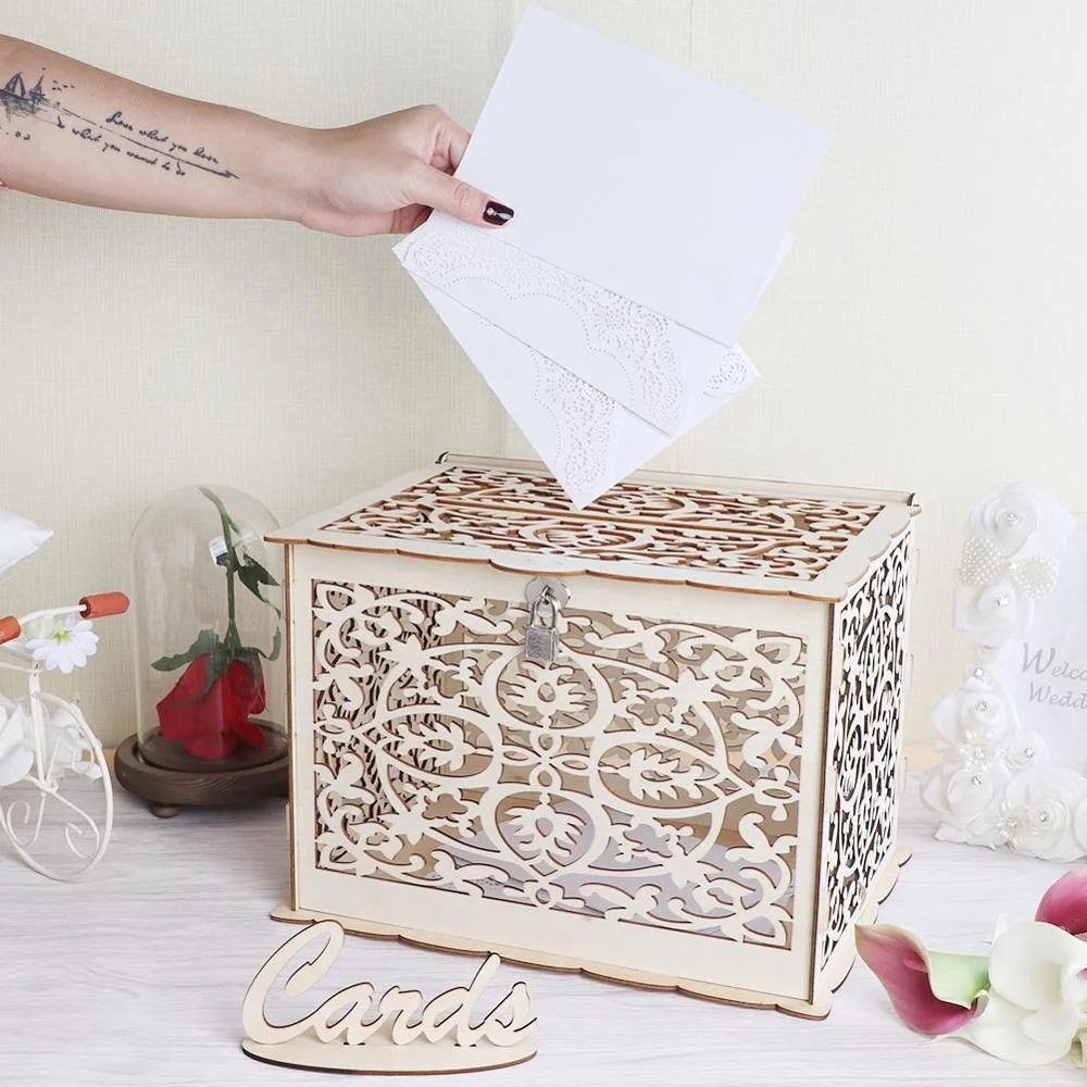 Wholesale Creative DIY Wedding Gift Card Box Wooden Money Box with Lock and Key