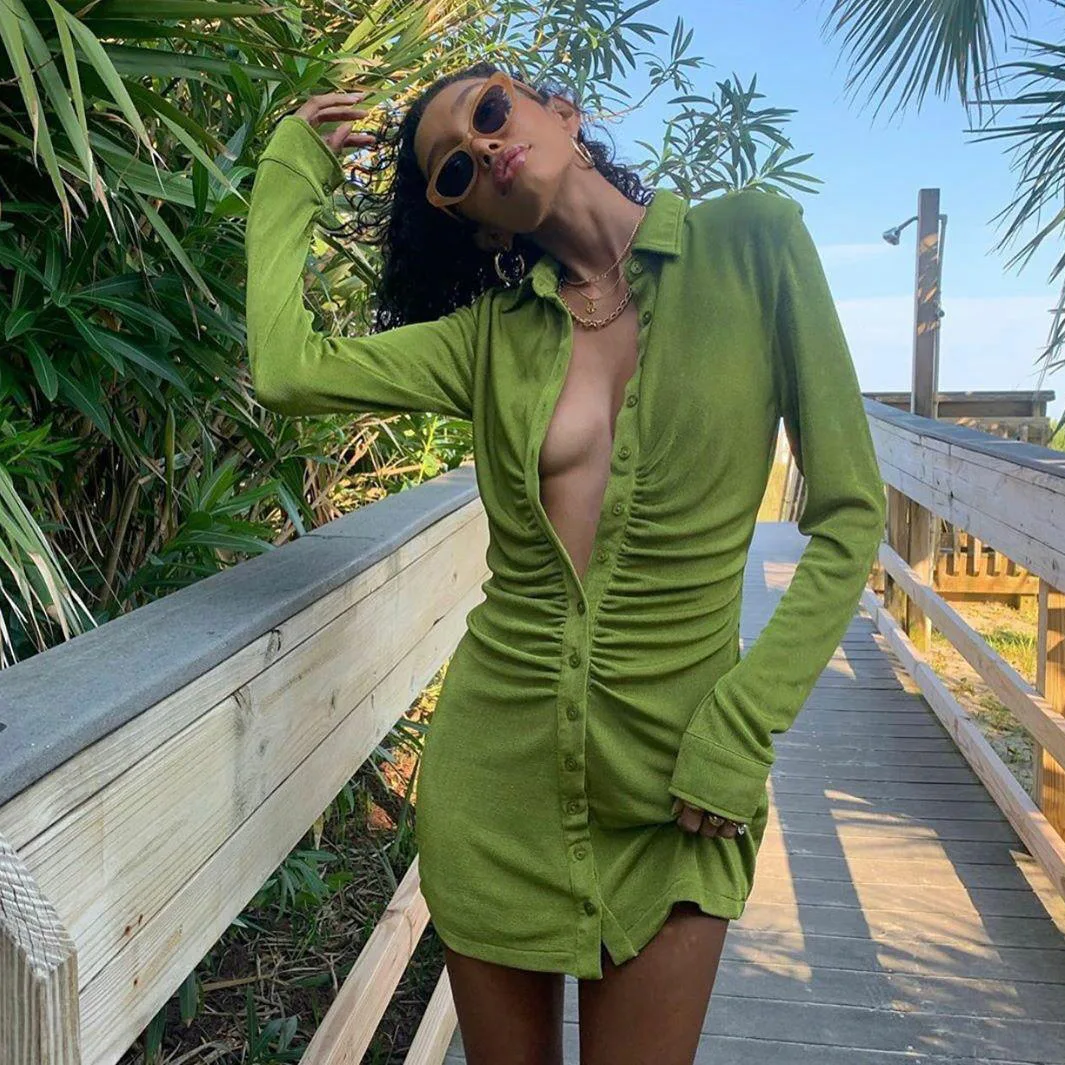 Turn-Down Collar Button Up Women Shirt Dresses Club Party Mini Dress Holiday 2021 Summer Streetwear