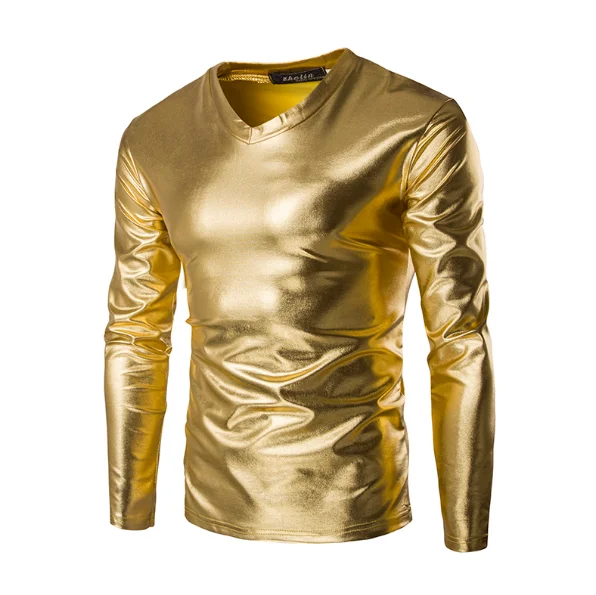 NEW 2022 Fashion Spring autumn Hot stamping shiny gold/silver/black nightclub dance wine bar long sleeve V-neck t shirts men 4XL