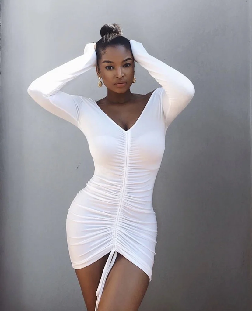 Manufacture OEM Factory Price Long Sleeve Knee mini Length Drawstring white Woman Bodycon casual Dresses dress