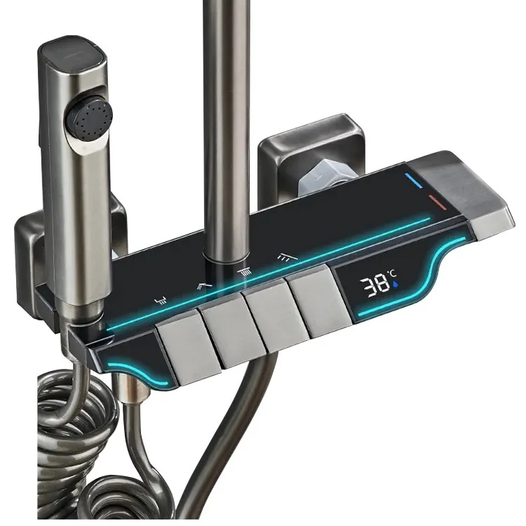 2024 New Atmosphere Lamp Shower System Piano Key Bathtub Waterfall Faucet Sets Bathroom Temperature White Brass Rain Shower Set