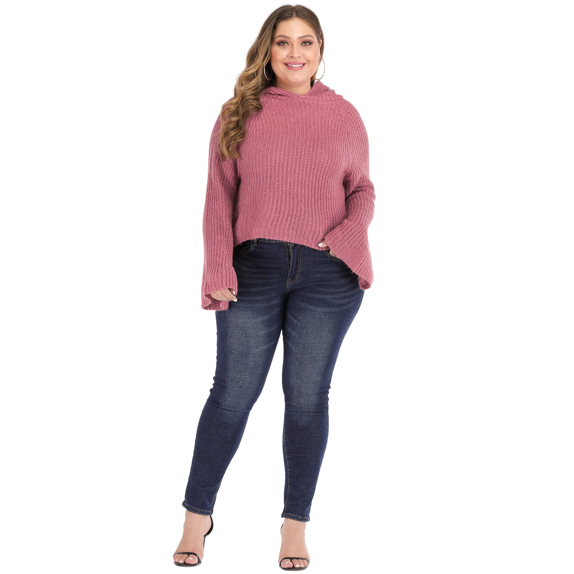 Plus Size Women Flare Sleeve Hooded Ladies Knit Pullover Sweater for Fat Women