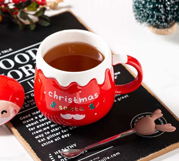 Creative Christmas Mug Cup With Spoon Cute Elk Christmas Cup Ceramic Coffee cup with lid for Christmas present