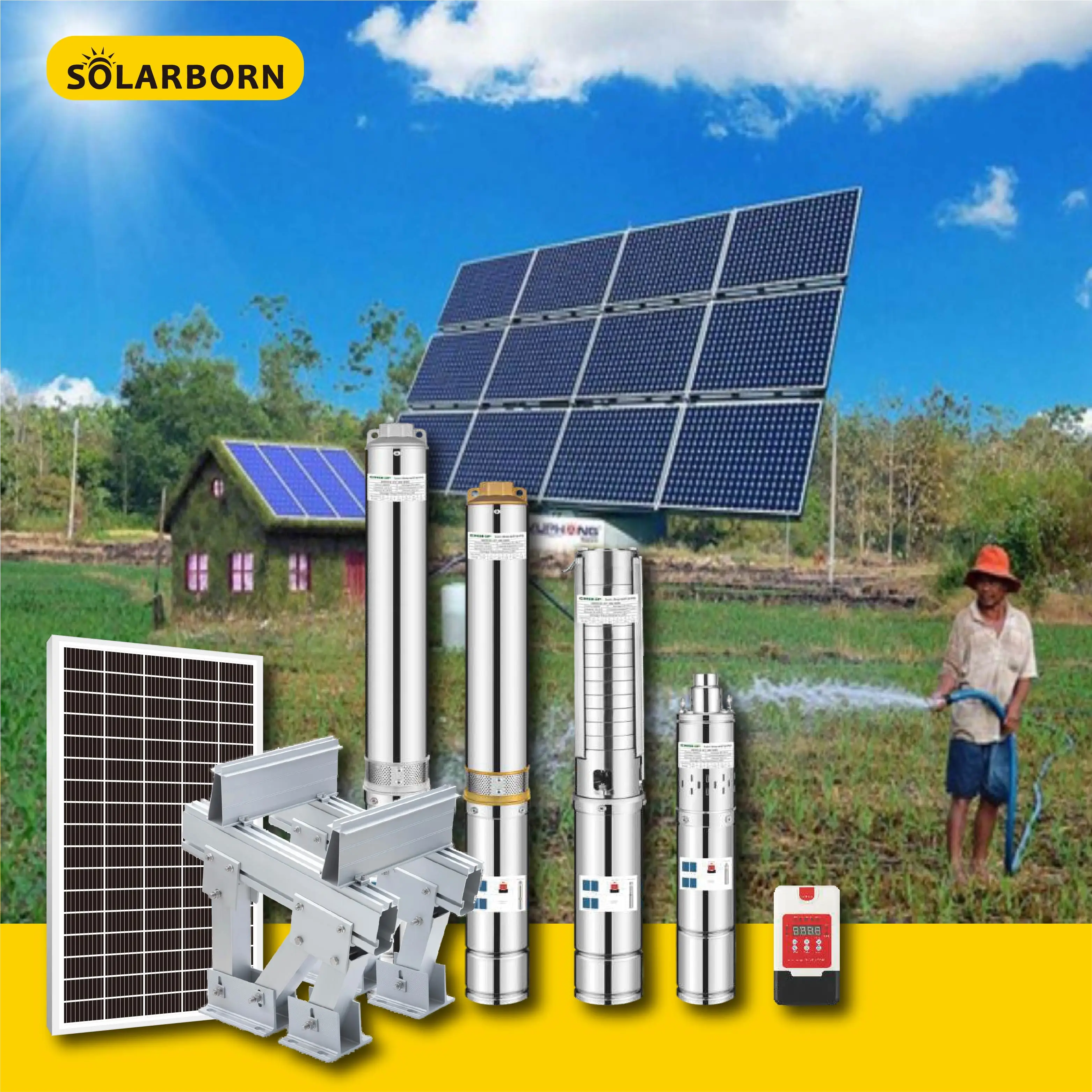 Solarborn High Pressure DC kit complete power submersible system solar water pump for deep well