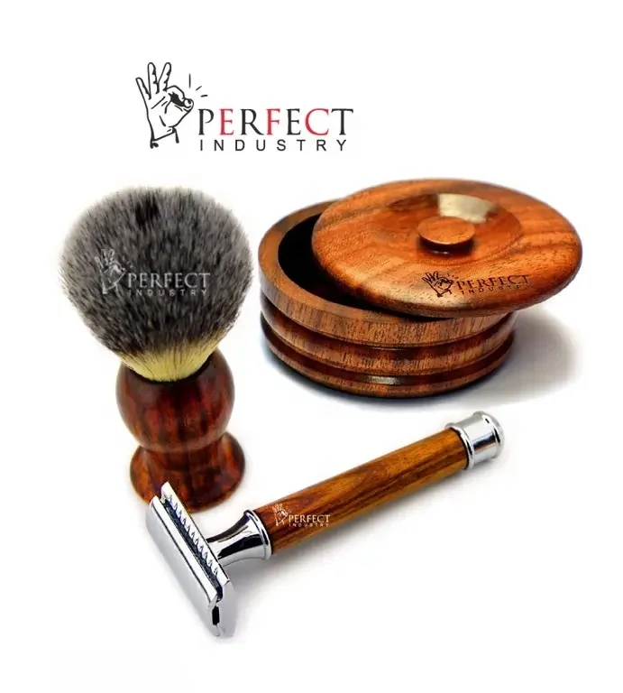 Luxury Wooden Men Grooming 3pc Gift Box set Shaving Razor Shaving Brush & Wooden Box set custom logo and packing