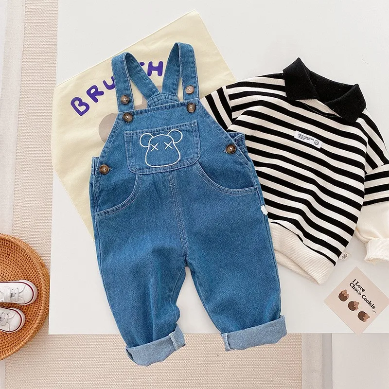Factory Direct Korean Style Baby Girls Striped Top Denim Overalls Bear Pattern Little Boys Clothes Set