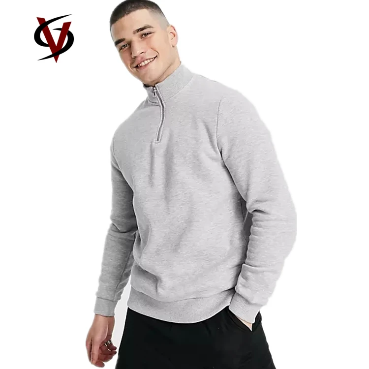 Street Wear Oversized Half Zip Collar Hoodie 100% Fleece Cotton Crew Neck Zip Up Hoodies in Grey