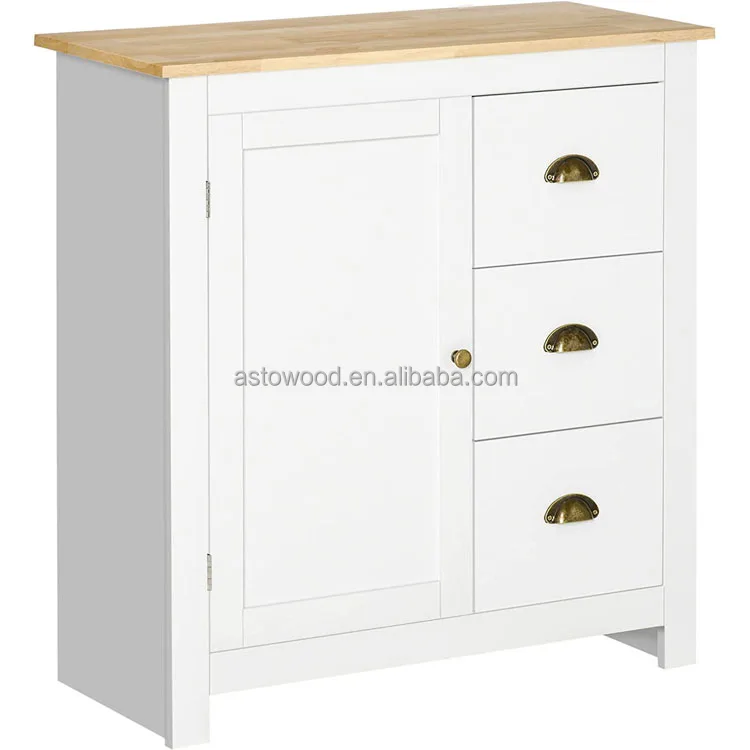 Modern Kitchen Cabinet, Storage Sideboard, Buffet Table with Rubberwood Top, 3 Drawers and Cabinet with Adjustable Shelf, Black