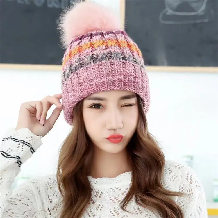 Мода 2020 женская зимняя теплая шапка полосатая вязаная шапка из искусственного меха помпоны зимняя шапка бини