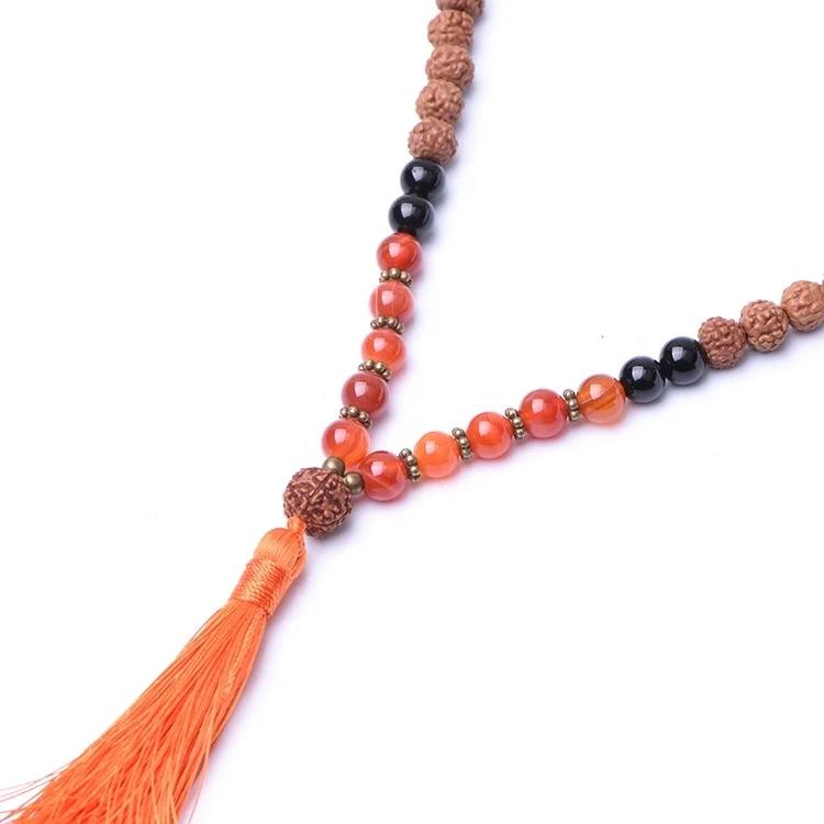 Natural Gemstones Black Onyx And Rudraksha 8mm Bead Mala With Tassel 108 Bead Yoga Necklace