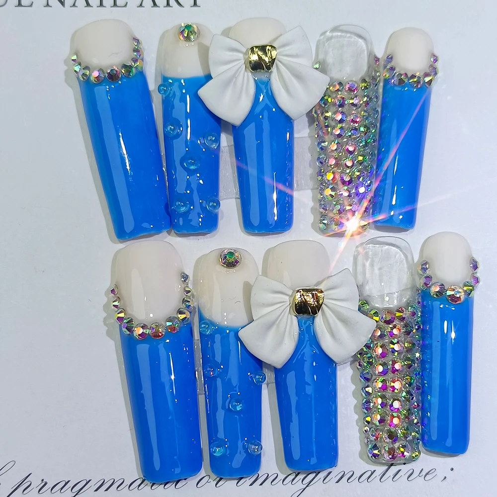 Bling Rhinestone Handmade False Custom Logo Red Acrylic Press On Nails Medium Length