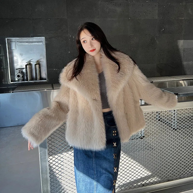 2024 Winter Coat Women Clothes Lapel Faux Fur Jacket Fluffy Long Sleeves Plush Outerwear Furry White Fox Jacket Elegant Overcoat