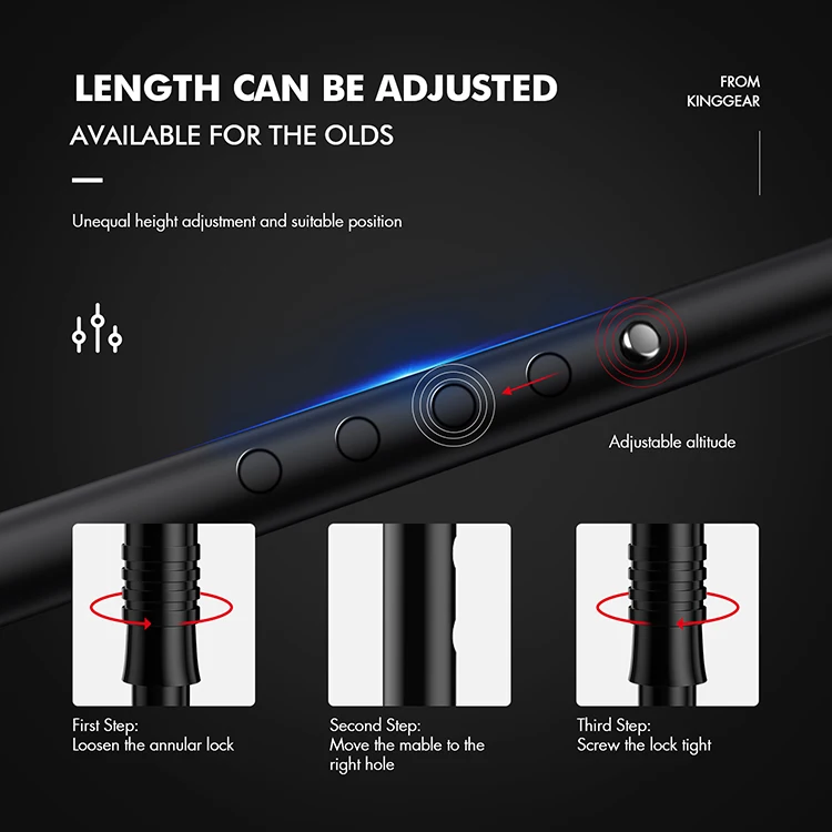 KingGear Custom aluminum nordic Lightweight Led light 3 legs rubber Adjustable Folding Walking Canes Sticks For elder