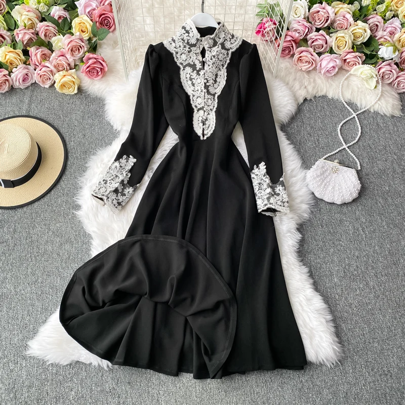 Autumn and winter clothes new Hepburn style long skirt western evening dress French dress