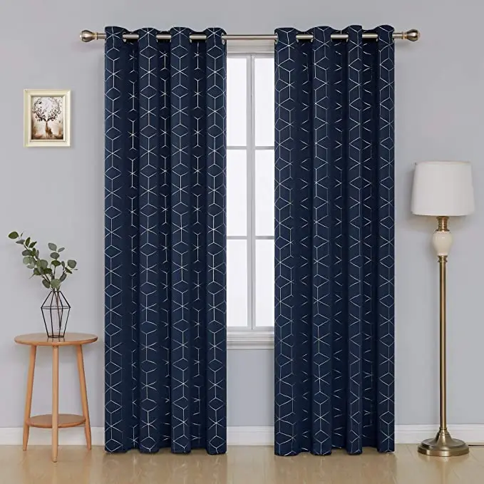 New Design Silver Diamond Foil Print Grommet Window Panels Thermal Insulated Blackout Curtains For Living  Room Bedroom