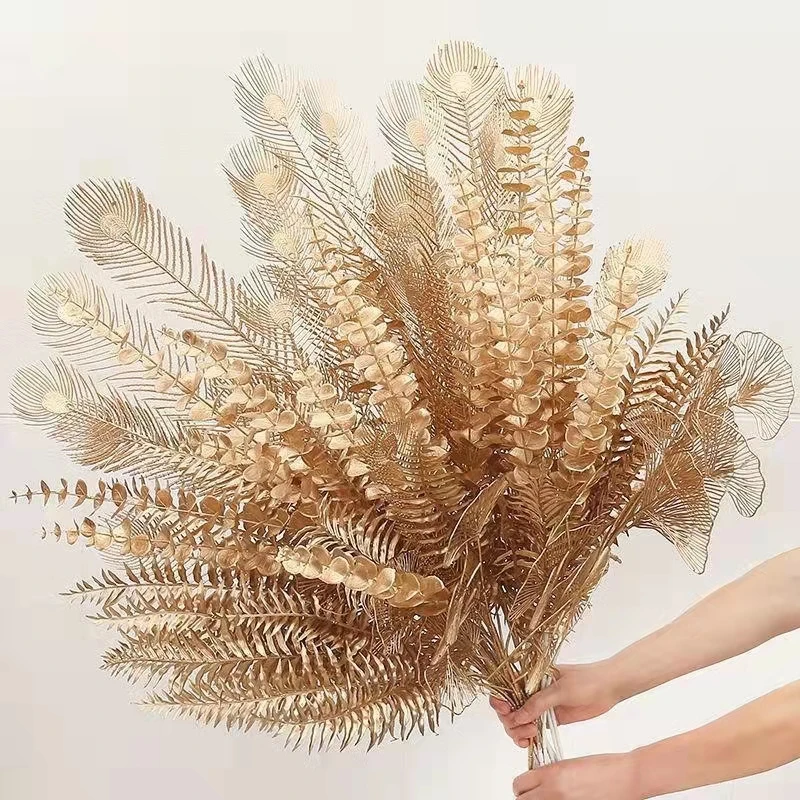 Golden Flower Fake Gold Plant Bush Grass Greenery Party Wedding Decorations Artificial Plants Golden Leaves
