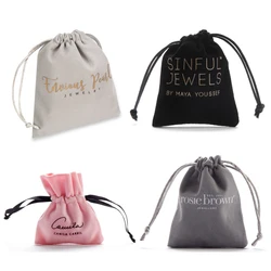 Customized Personalized black canvas cotton drawstring bag with double grosgrain satin ribbon jewelry pouch