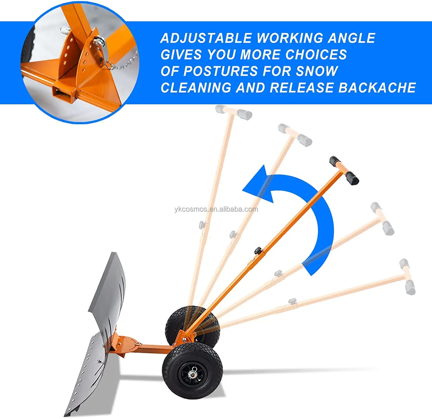 New model easy to  operation with two  wheels and garden hand held stainless single snow shovel,hand operated snow pusher