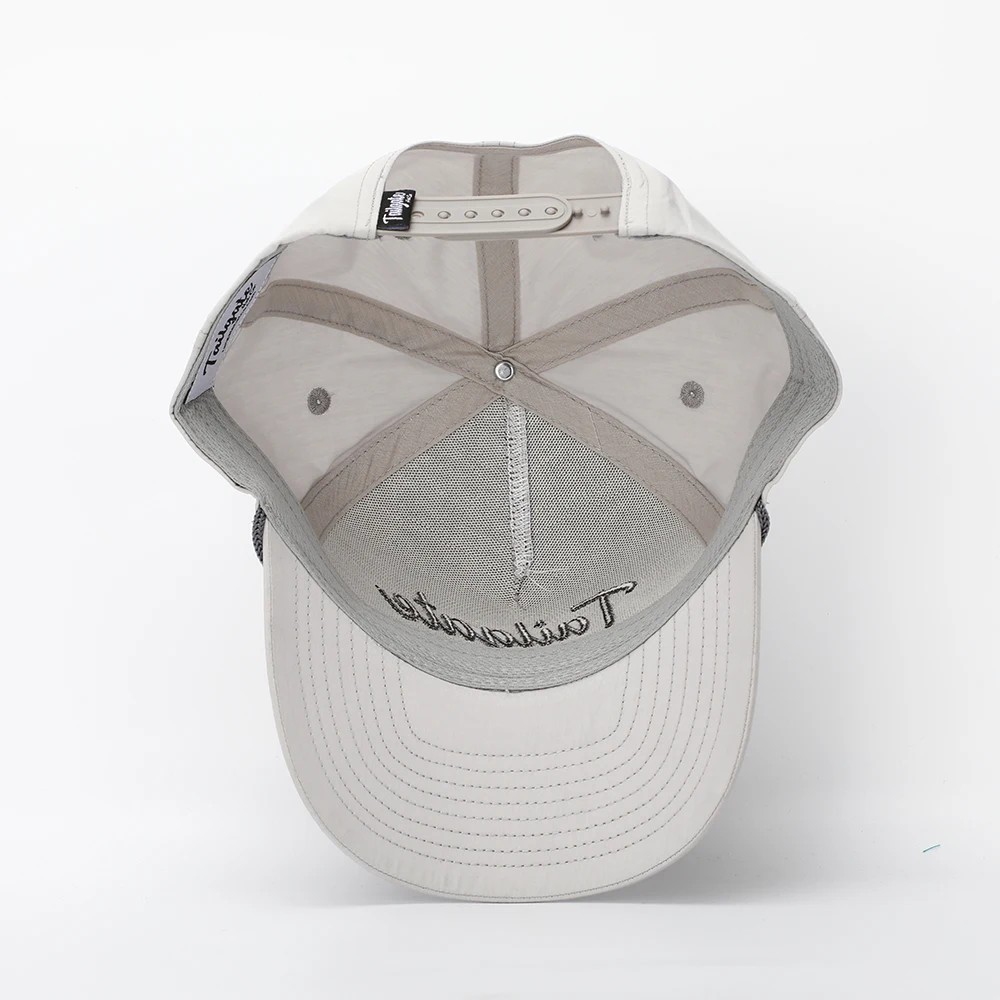 BSCI Factory Custom 5 Panel Grey Rope Hat,High Quality Embroidery Logo Curved Brim Quick Dry Nylon Snap Back Baseball Cap