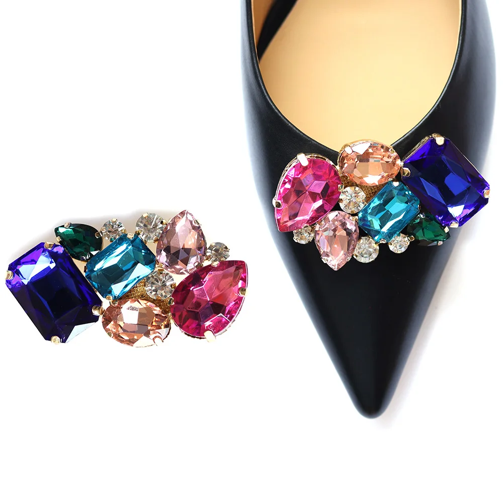 Bling bling multi color glass rhinestones metal buckles shoe decorations removable shoe clip hardware for bridal