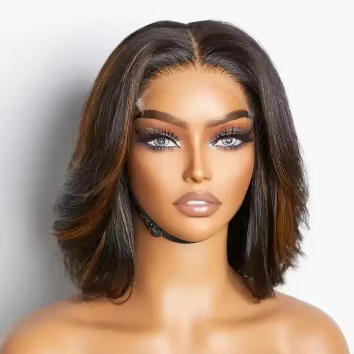 Luxury Design Double Drawn Blonde Highlights Transparent 4X4 5x5 Closure Human Hair Wig HD Lace Stacked Bob Wig