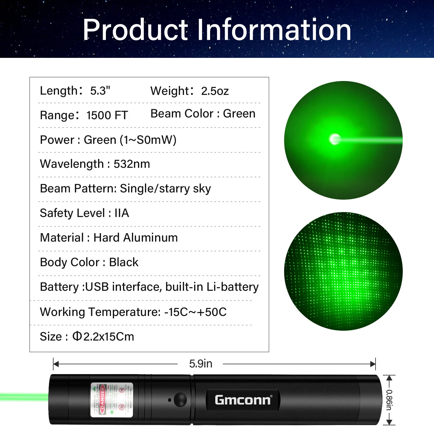 
Long Range Pointer with USB Charging, Powerful Tactical Green Flashlight Adjustable Focus Handheld Green Light Burning Beam Star 