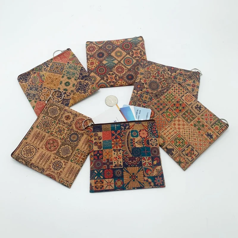 Batch Custom Vintage Pattern Coin Purse Mini Square Simple Coin Purse Keychain Cork Paper Purse Bag