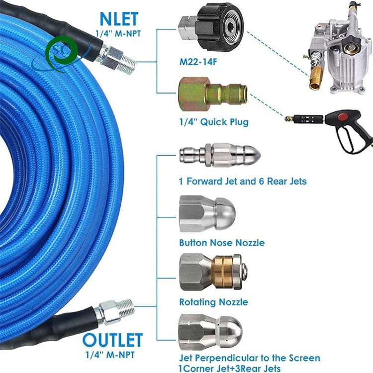 5800psi High Pressure 50-100FT Hose for Steel and Plastic Drain Cleaning Sewer Hose Jet Hose Washer Sewer Drain Jetter Kit