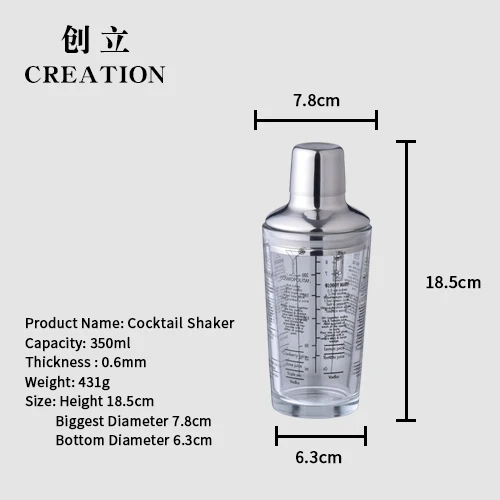 
Factory Direct wholesale 400ml glass shakes tool metal stainless steel cocktail shaker 