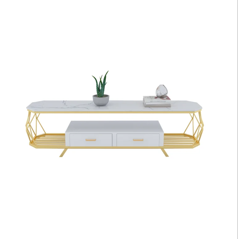 Simple modern living room coffee table TV cabinet combination small apartment square tempered glass marble coffee table