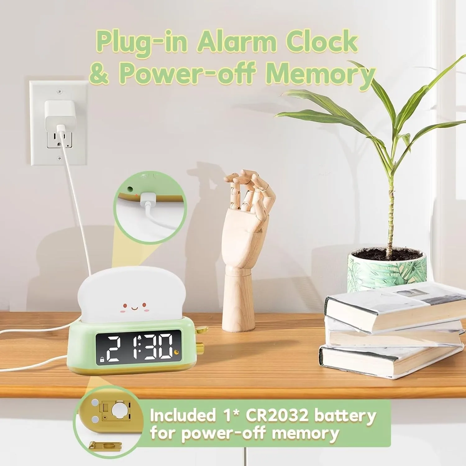 Bedside Clock with Toast Lamp 5 Alarm Tones Toast Night Light Alarm Clock Battery Operated Alarm Clock for Kids