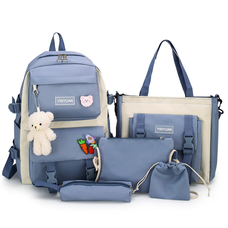 Wholesale new fashion canvas  large capacity 5 pieces set middle school bag and pencil case set college students schoolbag