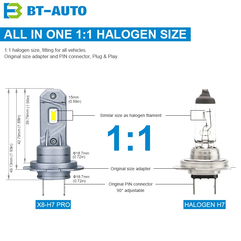 BULBTEK X8 H7 Pro 360 LED Light Canbus Ampoule 6000K 6500K 100W Halogen Replacement Mini Auto Car Lamp LED Headlight Bulb For VW