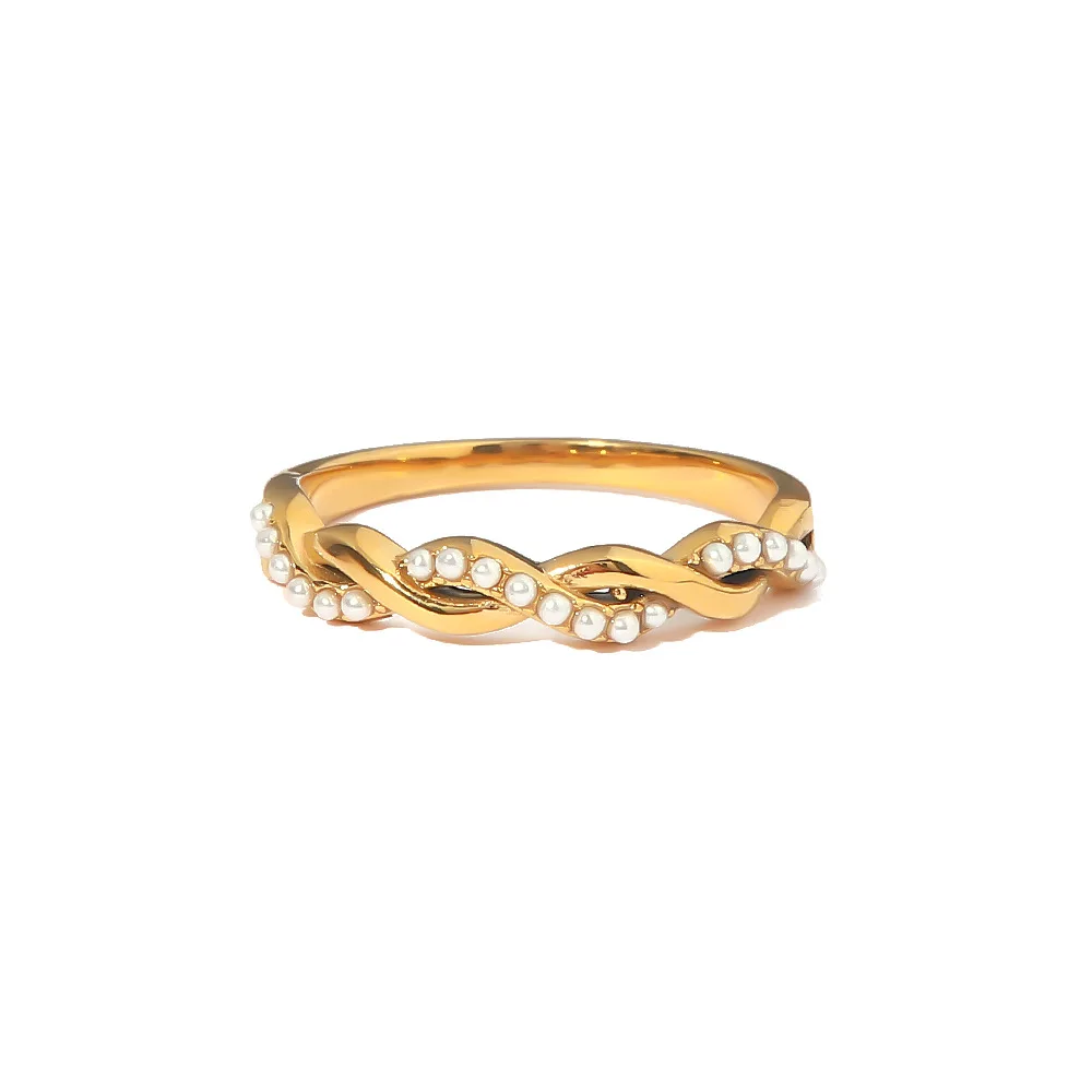 Ins Popular Twisted Tiny Pearl 18K PVD Gold Plated Stainless Steel Stacking Ring